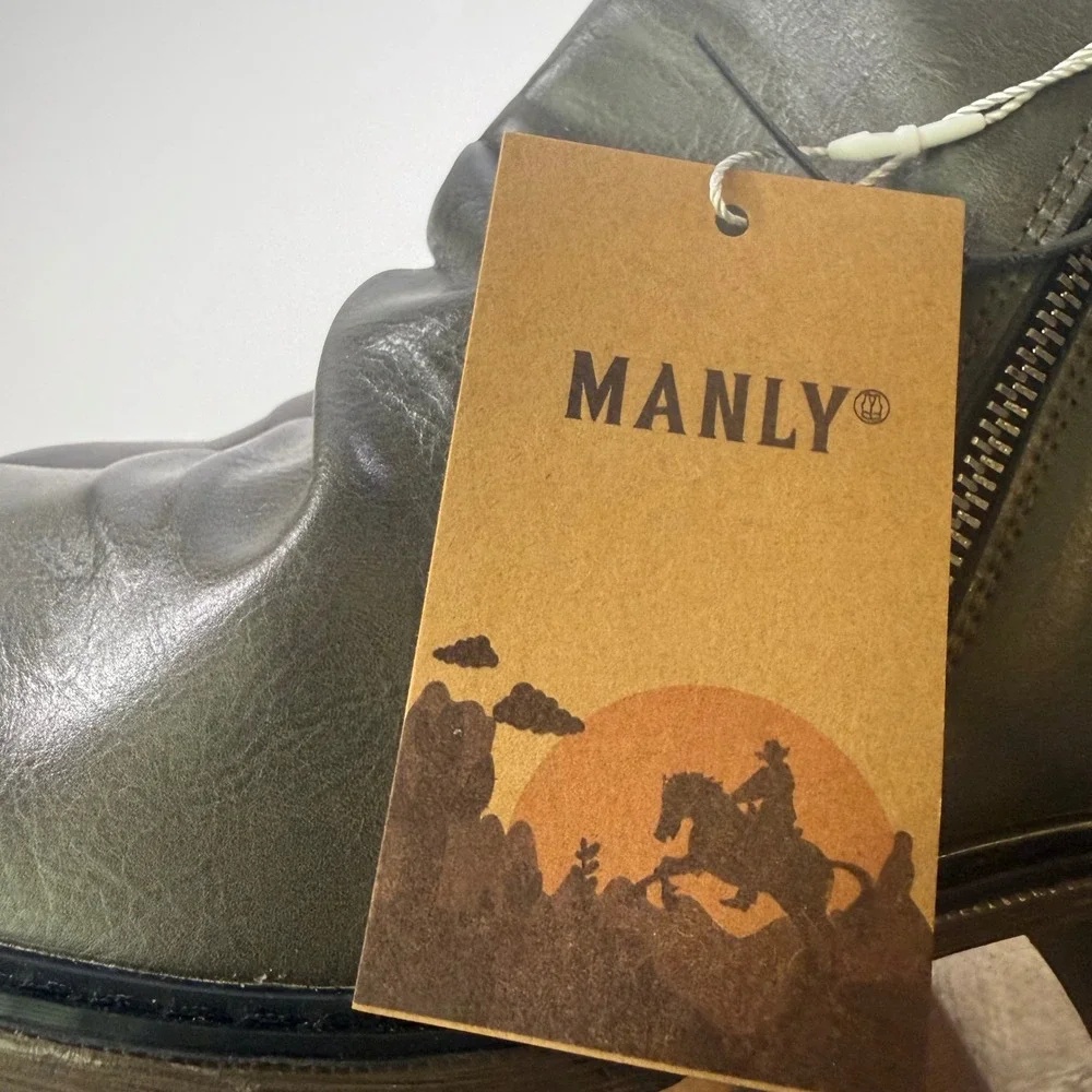 MANLY Mens Dark Grey Ruched‎ Leather Zip Ankle Boots Size 43 (US 9.5)